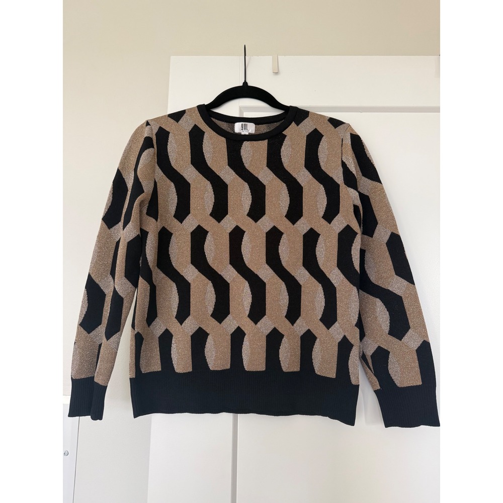 YAL New York Womens Metallic Geometric Glitter Knit Sweater Black Gold Silver M
